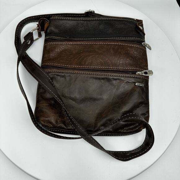 Brown Embossed Leather Multiple Zipper Pockets Medium Size Crossbody Purse - Picture 1 of 8